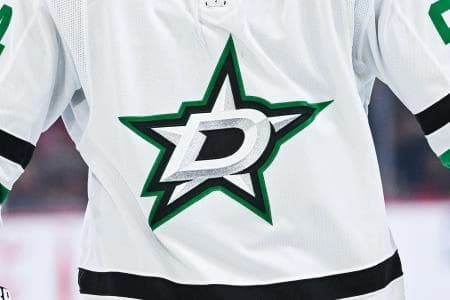 View of a Dallas Stars logo on a jersey worn by a member of the team during the third period at Bell Centre.