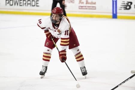 Boston College forward James Hagens (10) waits for the puck to drop during the first period against the University of New Hampshire at Conte Forum.