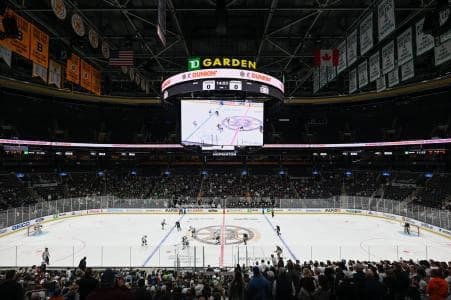 The start of the boys MIAA Division 2 championship hockey game between Hopkinton and Canton at the TD Garden on Sunday, March 19, 2023. Hopkinton lost to Canton 4-1. Hopkinton Ice Hockey Canton Miaa Td Garden Boston