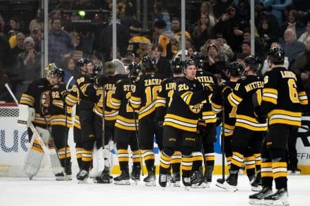 The Boston Bruins celebrate a shutout win against the Detroit Red Wings at TD Garden.