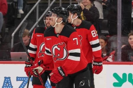 New Jersey Devils defenseman Dougie Hamilton (7) celebrates his goal against the Utah Mammoth during the second period at Prudential Center.