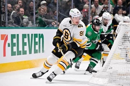 Boston Bruins defenseman Nikita Zadorov (91) skates against the Dallas Stars during the game at the American Airlines Center.