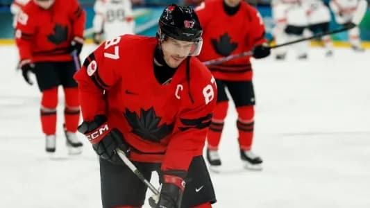 Sidney Crosby of Canada during the warm up before the match against Switzerland in men's ice hockey group A play during the Milano Cortina 2026 Olympic Winter Games at Milano Santagiulia Ice Hockey Arena.