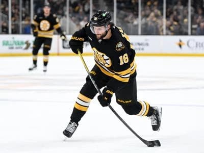 Boston Bruins center Pavel Zacha (18) takes a shot against the Ottawa Senators during the first period at the TD Garden.