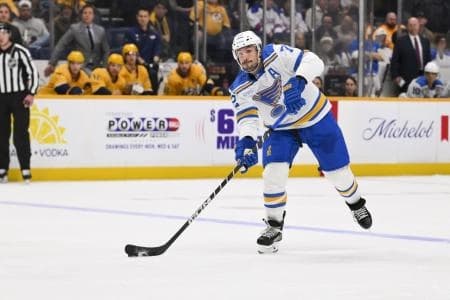St. Louis Blues defenseman Justin Faulk (72) takes a shot on goal against the Nashville Predators during the third period at Bridgestone Arena.