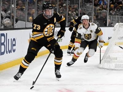 Boston Bruins defenseman Charlie McAvoy (73) skates against the Vegas Golden Knights during the second period at the TD Garden