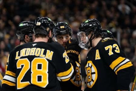 Boston Bruins center Elias Lindholm (28), right-winger David Pastrnak (88), and defenseman Charlie McAvoy (73) talk during a stop in play during the second period of the game against the Detroit Red Wings at TD Garden.