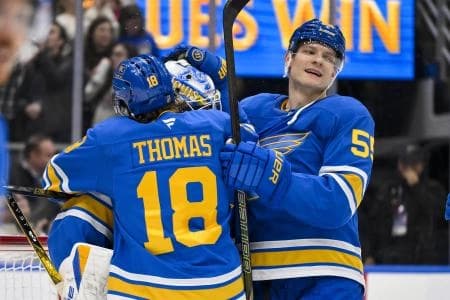 St. Louis Blues goaltender Jordan Binnington (50) center Robert Thomas (18) and defenseman Colton Parayko (55) celebrate after the Blues defeated the Calgary Flames at Enterprise Center.
