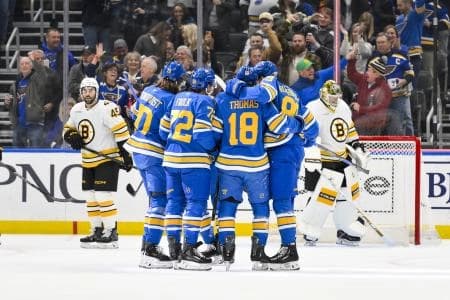 St. Louis Blues center Robert Thomas (18) is congratulated by teammates after scoring against the Boston Bruins during the first period at Enterprise Center