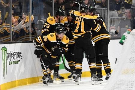 Boston Bruins left wing Erik Haula (56) celebrates with defenseman Charlie McAvoy (73), left wing Taylor Hall (71), and right wing David Pastrnak (88) after scoring a goal against the Carolina Hurricanes during the third period at the TD Garden.