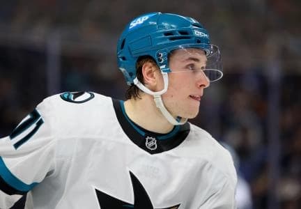 San Jose Sharks center Macklin Celebrini (71) before the start of the second period against the Buffalo Sabres at KeyBank Center.