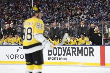 Boston Bruins head coach Marco Sturm looks on from the bench during the first period against the Tampa Bay Lightning in the 2026 Stadium Series ice hockey game at Raymond James Stadium.