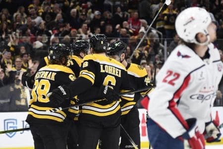 Boston Bruins right wing David Pastrnak (88) and defenseman Mason Lohrei (6) celebrate a goal by right wing Justin Brazeau (55) during the first period against the Washington Capitals at TD Garden.