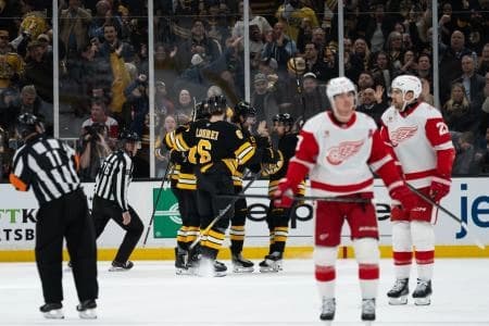 Boston Bruins celebrate a goal by Pavel Zacha (18) during the second period against the Detroit Red Wings at TD Garden