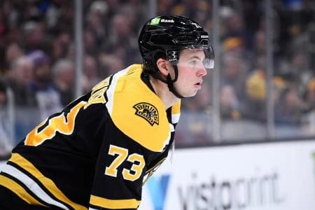 Boston Bruins defenseman Charlie McAvoy (73) gets set for a face-off during the second period against the Los Angeles Kings at TD Garden.
