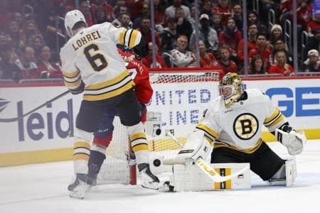 Washington Capitals left wing Connor McMichael (24) deflects the puck on Boston Bruins goaltender Jeremy Swayman (1) as Bruins defenseman Mason Lohrei (6) defends during the first period at Capital One Arena.