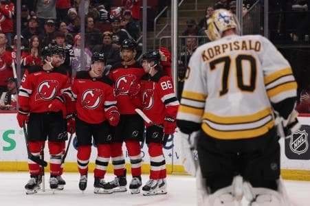 New Jersey Devils left wing Jesper Bratt (63) celebrates his goal against the Boston Bruins during the second period at Prudential Center.
