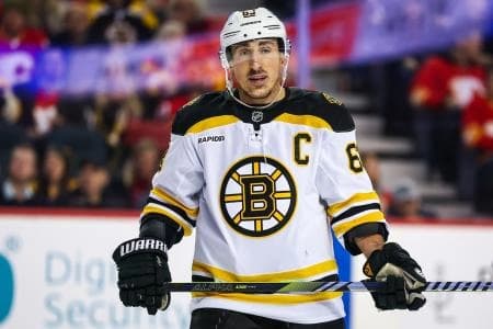Boston Bruins left wing Brad Marchand (63) during the third period against the Calgary Flames at Scotiabank Saddledome.