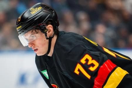 Vancouver Canucks forward Lukas Reichel (73) during a stop in play against the New York Rangers in the second period at Rogers Arena.