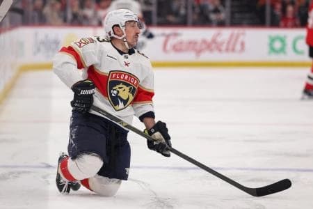 Florida Panthers left wing Brad Marchand (63) reacts to a penalty call against the New Jersey Devils during the second period at Prudential Center.