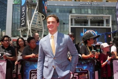 James Hagens arrives to the first round of the 2025 NHL Draft at Peacock Theater