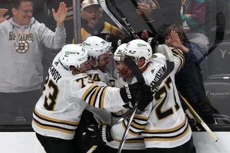 Boston Bruins center Matthew Poitras (51) celebrates with teammates after scoring his second goal of the game during the third period against the Anaheim Ducks at Honda Center