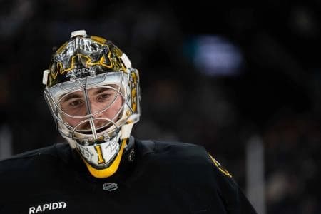 Boston Bruins goaltender Jeremy Swayman (1) after a stop in play during the second period of the game against the Detroit Red Wings at TD Garden.