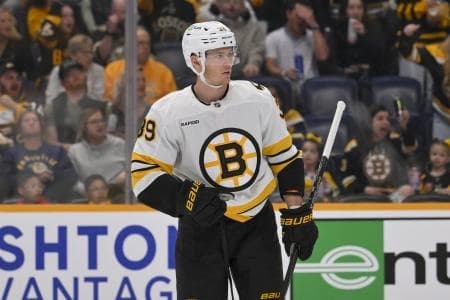 Boston Bruins center Morgan Geekie (39) celebrates his goal against the Nashville Predators during the second period at Bridgestone Arena.