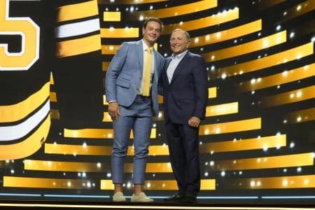 James Hagens is selected as the seventh overall pick to the Boston Bruins in the first round of the 2025 NHL Draft at Peacock Theater