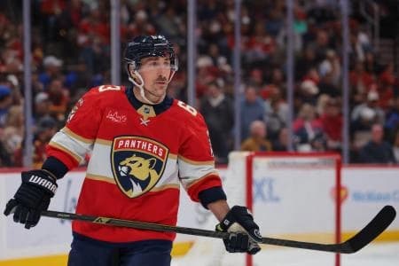 Florida Panthers left wing Brad Marchand (63) looks on against the Buffalo Sabres during the first period at Amerant Bank Arena.