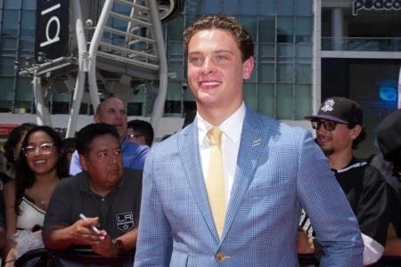 James Hagens arrives to the first round of the 2025 NHL Draft at Peacock Theater.