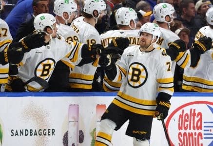 Boston Bruins left wing Viktor Arvidsson (71) celebrates his goal with teammates during the second period against the Buffalo Sabres at KeyBank Center.