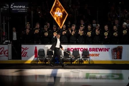 Boston Bruins former captain Patrice Bergeron is honored at the Centennial Game Ceremony before a game at TD Garden.