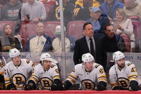 Boston Bruins head coach Marco Sturm watches from the bench against the Florida Panthers during the third period at Amerant Bank Arena.