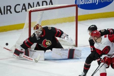 Ottawa Senators goalie Linus Ullmark (35) makes a save in front of Carolina Hurricanes right wing Jackson Blake (53) in the third period at the Canadian Tire Centre.