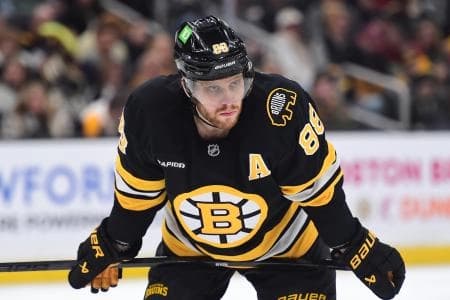 Boston Bruins right wing David Pastrnak (88) gets set for a face-off during the third period against the Minnesota Wild at TD Garden.