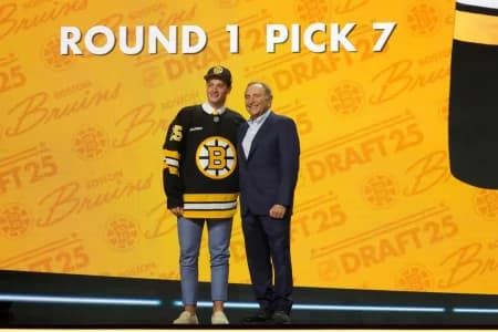 James Hagens is selected as the seventh overall pick to the Boston Bruins in the first round of the 2025 NHL Draft at Peacock Theater.