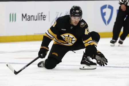 Boston Bruins defenseman Jordan Harris (43) reaches for a puck to keep it in the zone during the third period against the Buffalo Sabres at TD Garden.