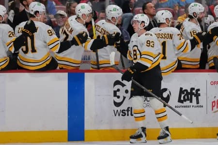Boston Bruins center Fraser Minten (93) celebrates with teammates after scoring against the Florida Panthers during the first period at Amerant Bank Arena.