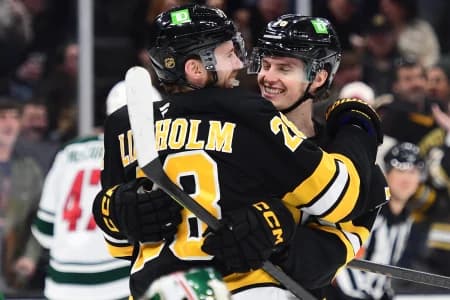 Boston Bruins center Elias Lindholm (28) reacts with forward Lukas Reichel (75) during the third period against the Minnesota Wild at TD Garden.