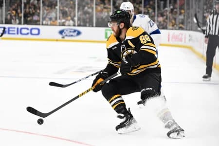 Boston Bruins right wing David Pastrnak (88) controls the puck against the Tampa Bay Lightning during the first period at TD Garden.