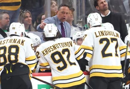 Boston Bruins head coach Marco Sturm (middle) talks to his team against the Pittsburgh Penguins during the third period at PPG Paints Arena.