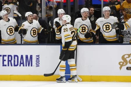 Boston Bruins defenseman Henri Jokiharju (20) celebrates his goal against the Columbus Blue Jackets during the second period at Nationwide Arena.