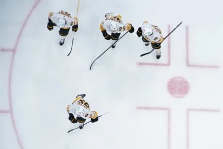 Boston Bruins center Morgan Geekie (39) celebrates his goal with center Elias Lindholm (28) right wing David Pastrnak (88) and defenseman Nikita Zadorov (91) against the Carolina Hurricanes during the first period at Lenovo Center.