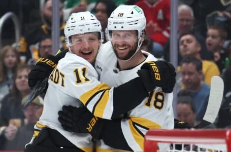 Boston Bruins center Casey Mittelstadt (11) congratulates center Pavel Zacha (18) on his second goal of the game against the Pittsburgh Penguins during the second period at PPG Paints Arena.
