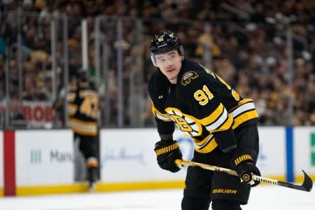 Boston Bruins defenseman Nikita Zadorov (91) before a face-off during the second period of the game against the Pittsburgh Penguins at TD Garden