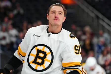 Boston Bruins defenseman Nikita Zadorov (91) warms up before a game against the Vegas Golden Knights at T-Mobile Arena