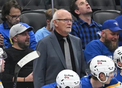 Buffalo Sabres head coach Lindy Ruff looks on behind the bench against the Toronto Maple Leafs at Scotiabank Arena.