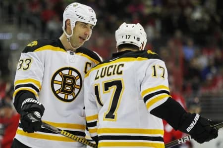 Boston Bruins defenseman Zdeno Chara (33) talks with Bruins left wing Milan Lucic (17) against the Washington Capitals at Verizon Center