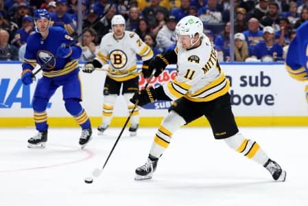 Boston Bruins center Casey Mittelstadt (11) takes a shot on goal during the third period against the Buffalo Sabres in game two of the first round of the 2026 Stanley Cup Playoffs at KeyBank Center.
